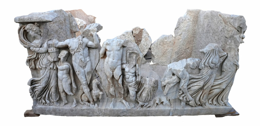 Roman marble sarcophagus after conservation, depicting the drinking contest between Bacchus and Hercules