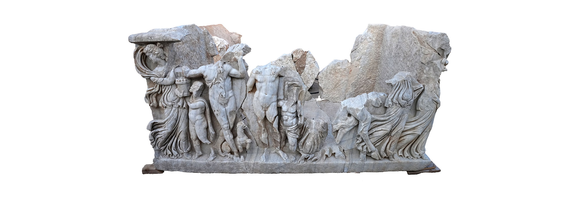 Roman marble sarcophagus after conservation, depicting the drinking contest between Bacchus and Hercules