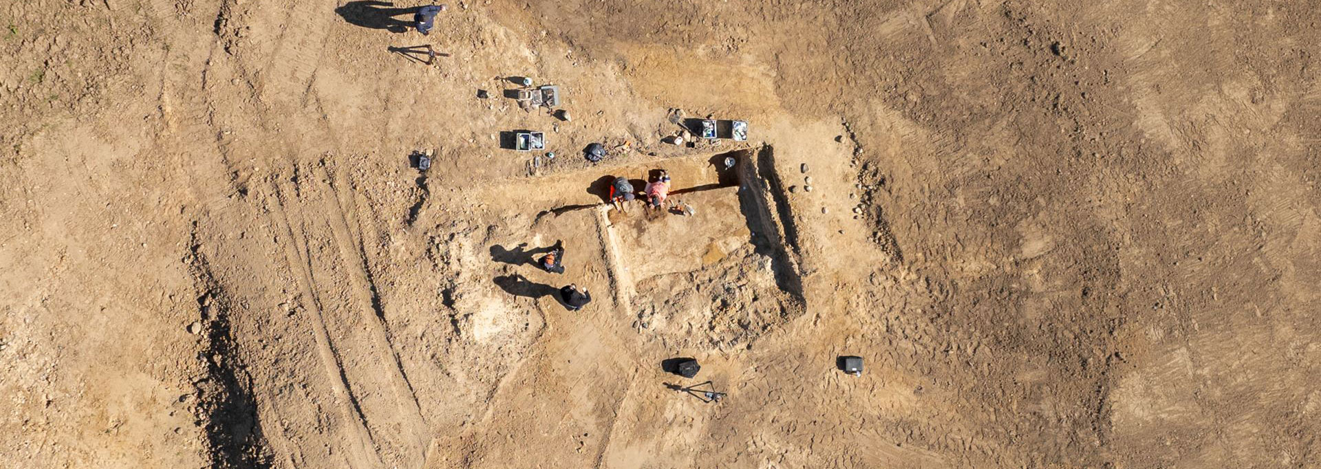 Aerial photo showing excavation of a Viking Age cemetery, Lisbjerg, Denmark