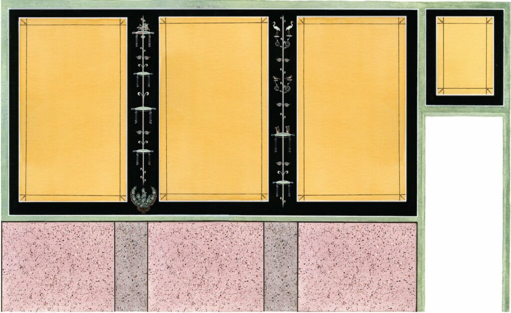 Reconstruction of plaster wall decoration painted to imitate porphyry and marble