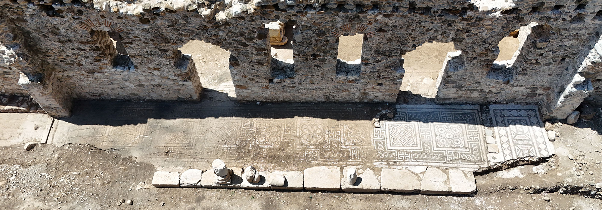 Aerial view of mosaics in ruins of the church at Olympos, Turkey