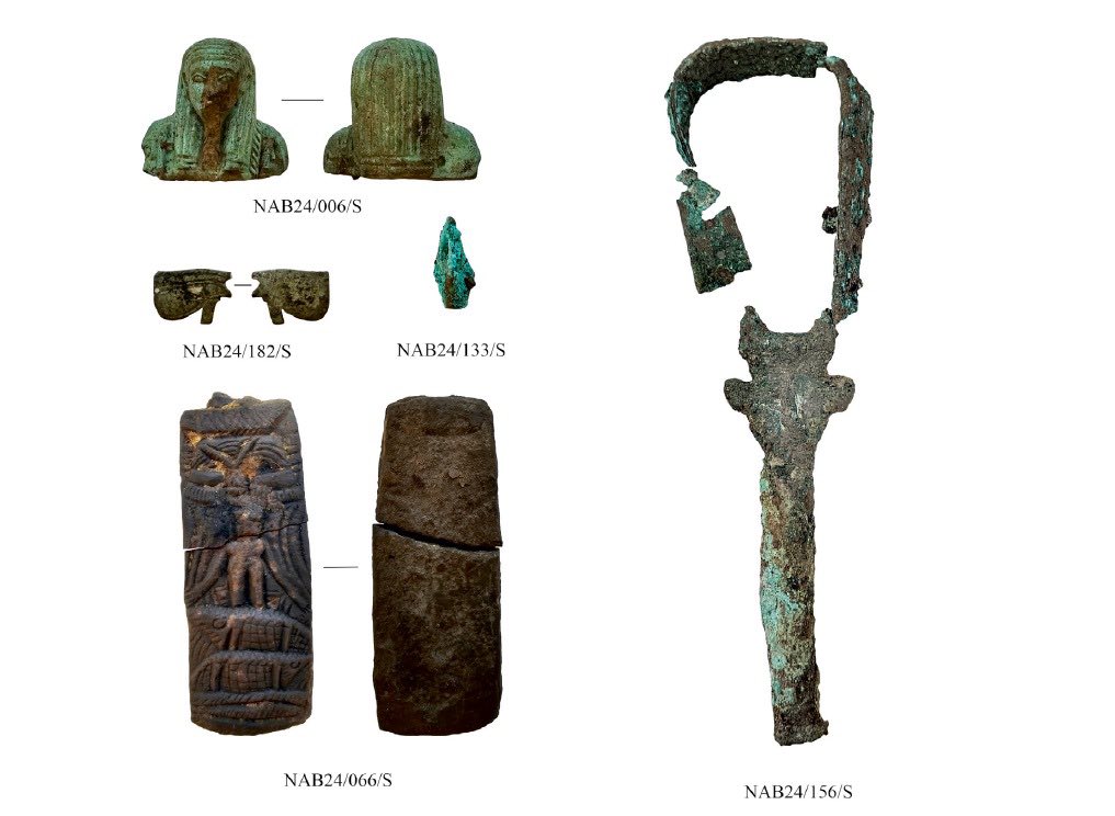 Artifacts uncovered at Imet, including (clockwise from top left) an ushabti, a bronze sistrum, and a stone stela with an image of Horus