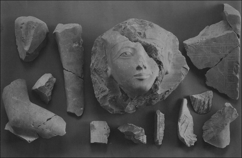 Archive photo from 1929 showing fragments of a limestone statue of Hatshepsut