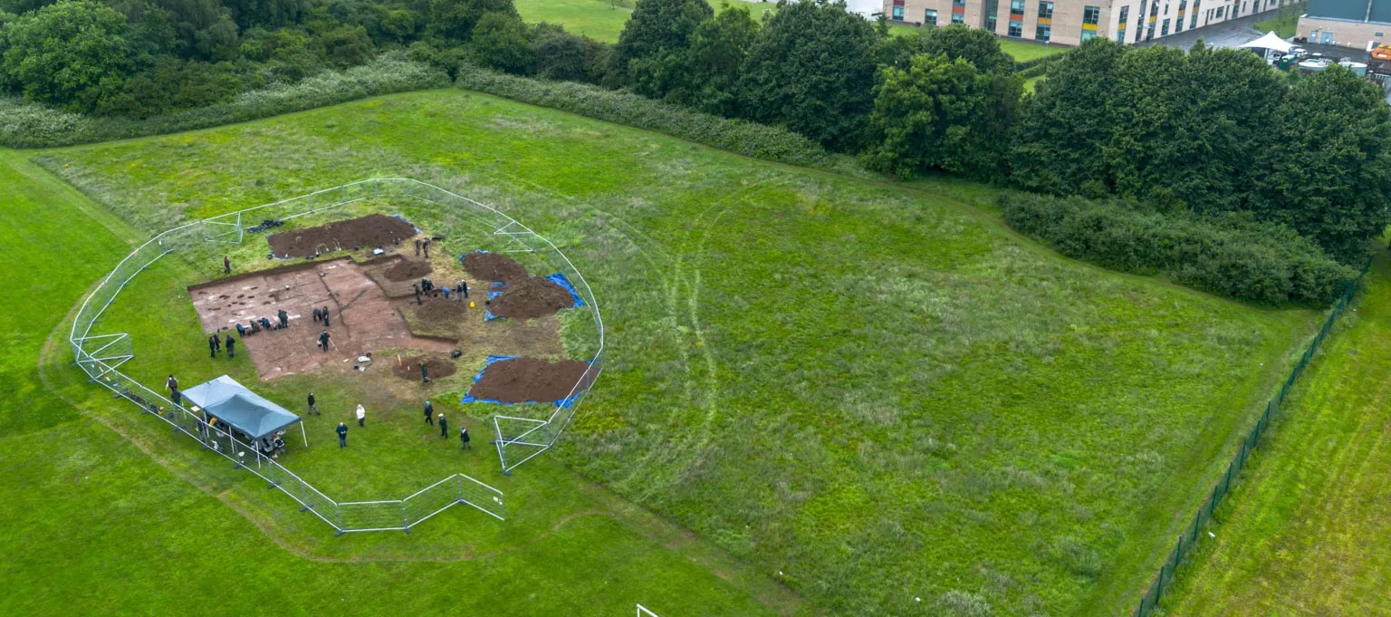 Aerial view of excavations at Trelai Park, Cardiff, Wales