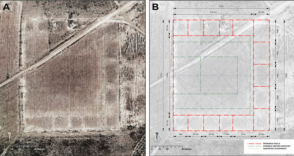 Drone photo of surface marks of a temple structure (left) and a plan of the building (right)