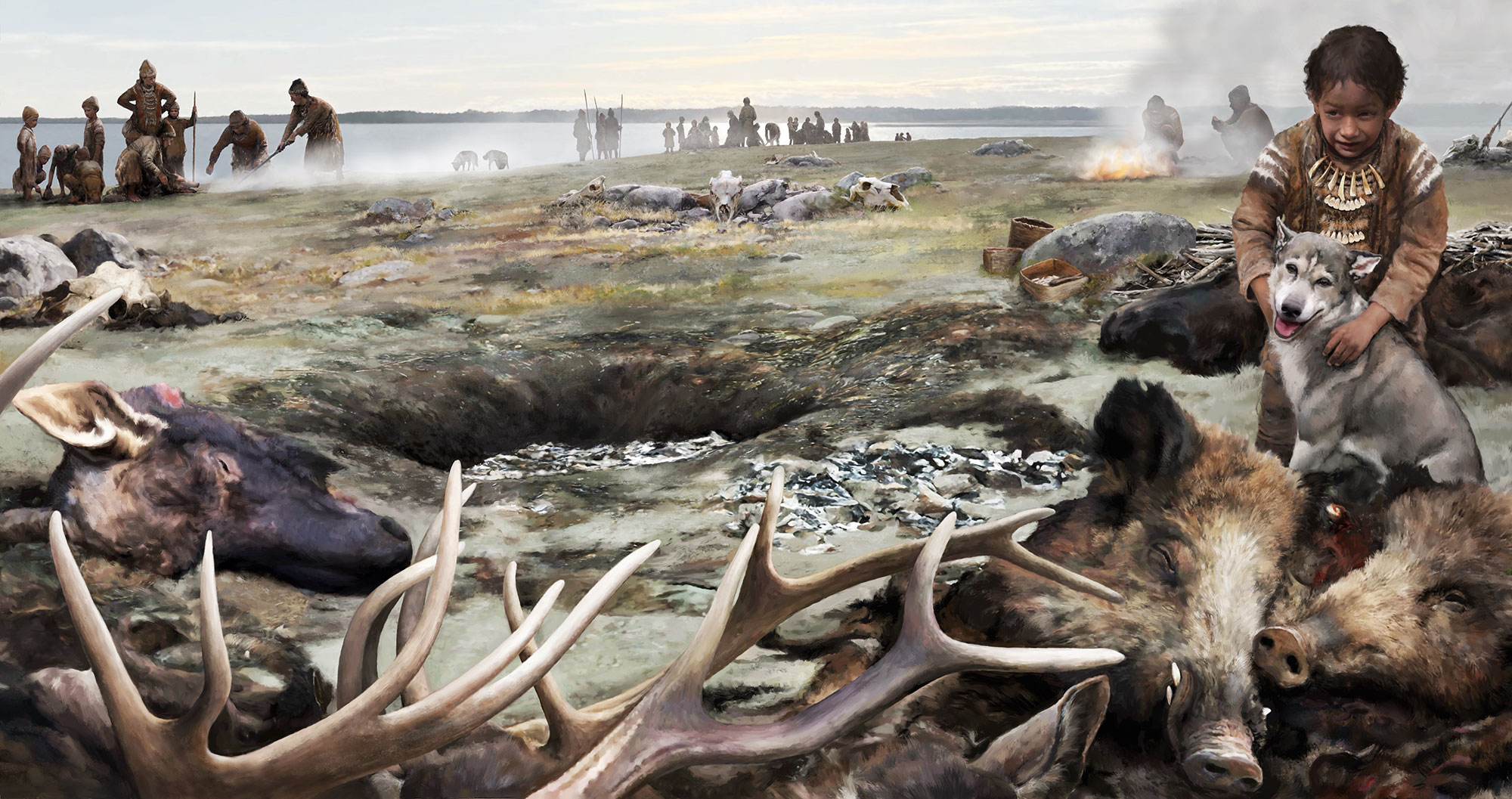 Illustration of what northern Latvia's Zvejnieki cemetery might have looked like when animal parts were processed in the cooking pits.