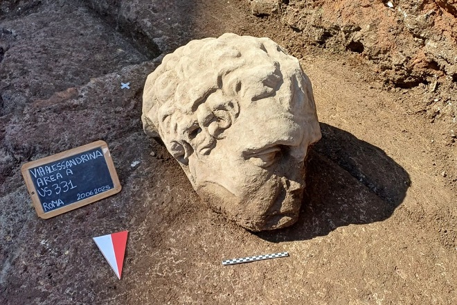 Roman marble head unearthed in Via Alessandrina, Rome, Italy