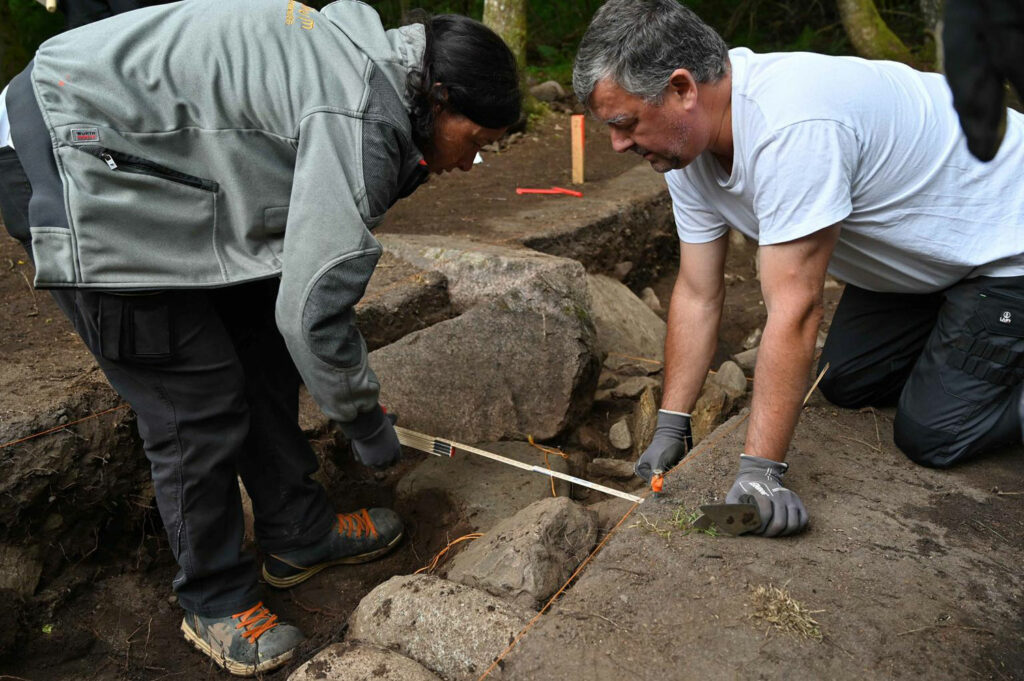 Audrey Blanchard of Archeodonum and Jean Noel Guyodo of the University of Nantes during the excavation of Le Plasker.