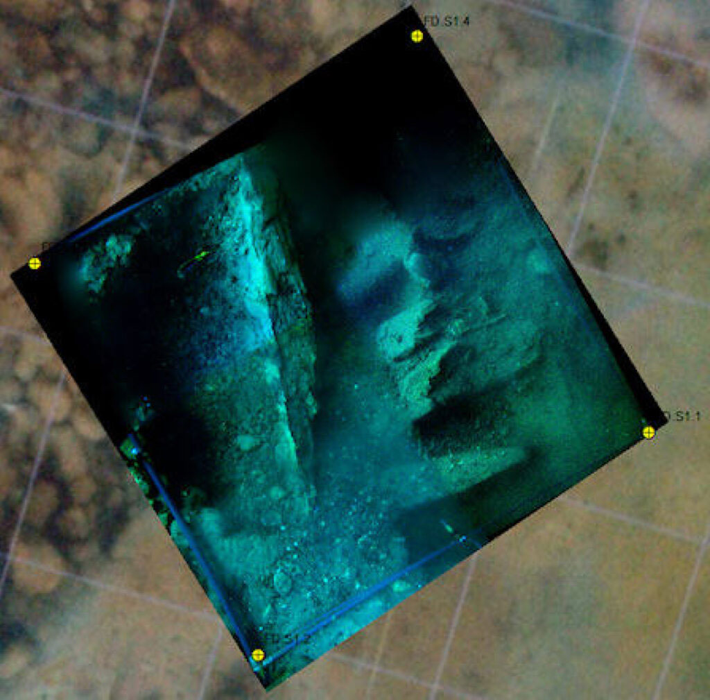 Photomosaic of the Nossa Senhora do Cabo wreck excavation grid showing the lower hull framework