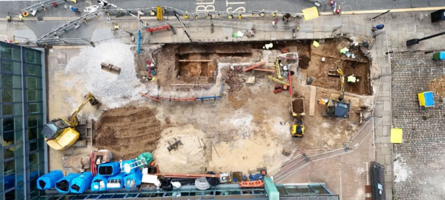 Aerial view of excavations of a Roman road, Manchester, England