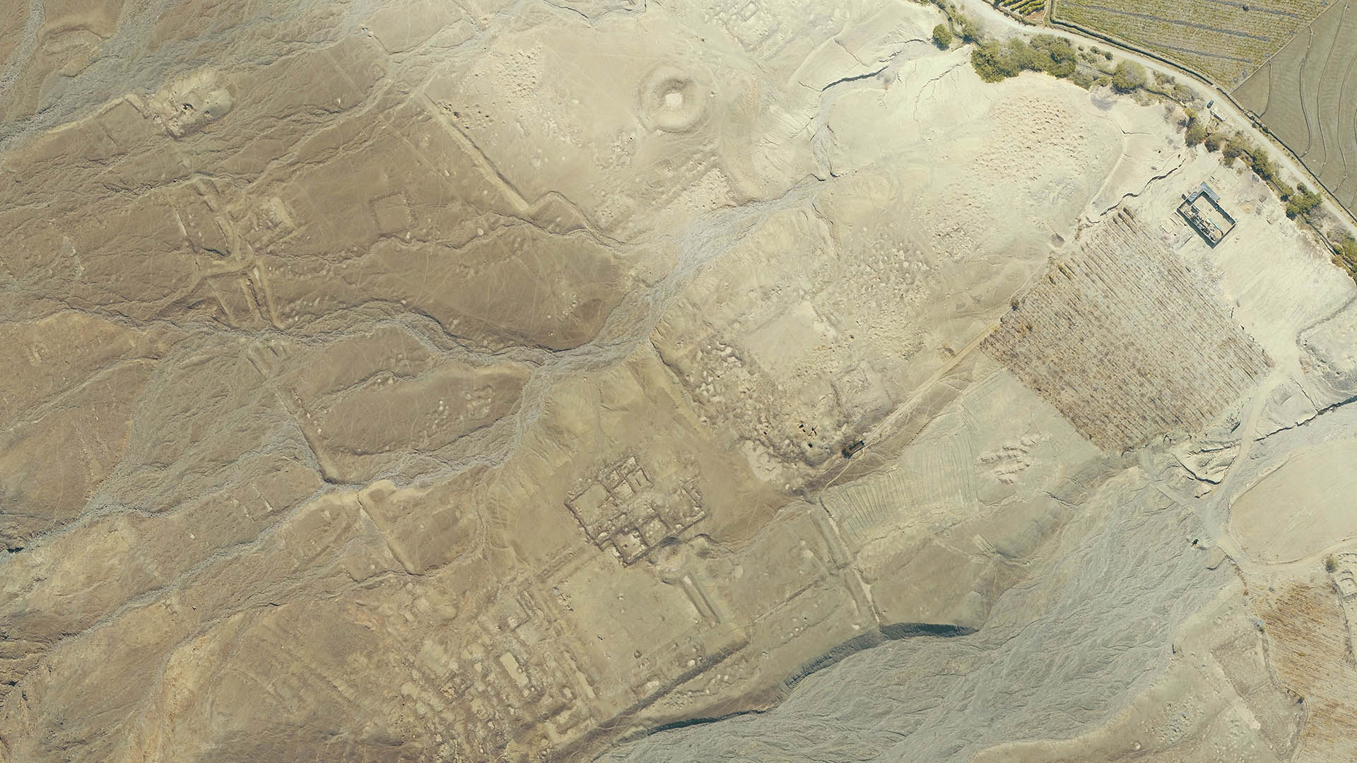 Aerial view of Huaca Yolanda, La Libertad, Peru