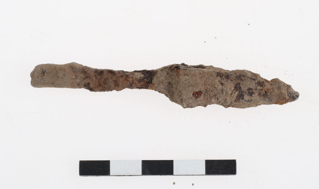 Iron arrow with pyramidal tip recovered during Roman watchtower excavation in Mohovo, Croatia
