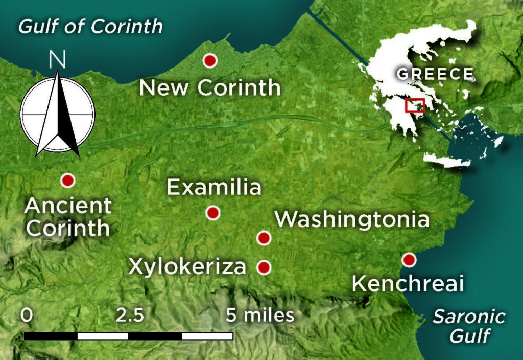 Map of the Isthmus of Corinth showing the locations of Ancient and New Corinth, Examilia, Xylokeriza, Washingtonia, and Kenchreai