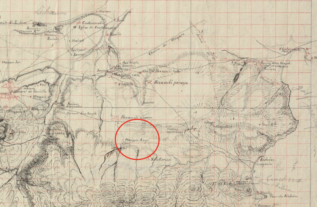 Pierre Peytier’s 1830 sketch of the Corinthia with circle marking the location of Howe's house