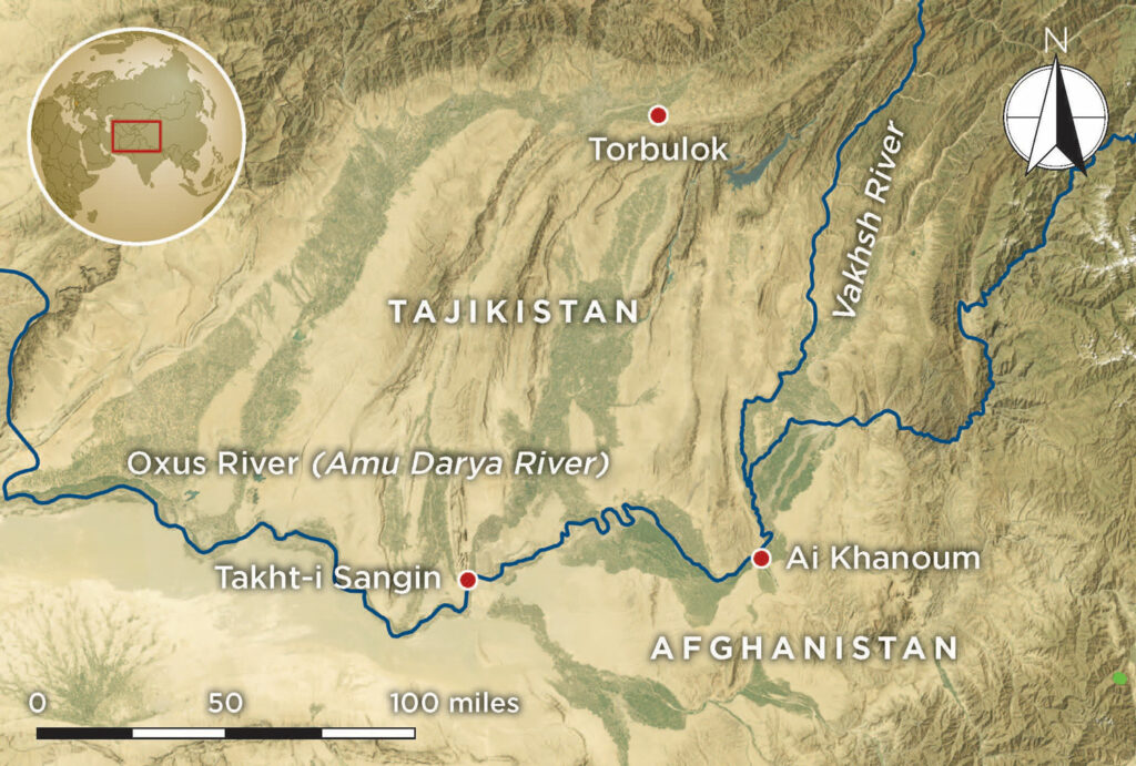 Map of Tajikistan and Afghanistan showing the ancient Bactrian sites of Torbulok, Takht-i Sangin, and Ai Khanoum and the Oxus and Vakhsh Rivers