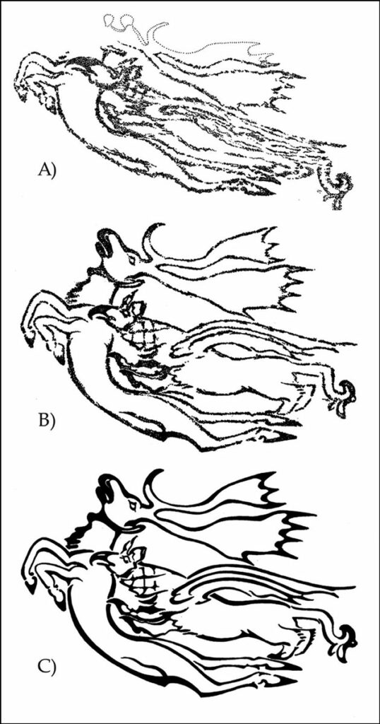 The woman's left forearm tattoo shown A) in its current state; B) with evened out skin folds , compensating for the desiccation process, and with the ungulate head recreated based on Pazyryk animal fighting scenes; and C) as an idealized artistic rendering.