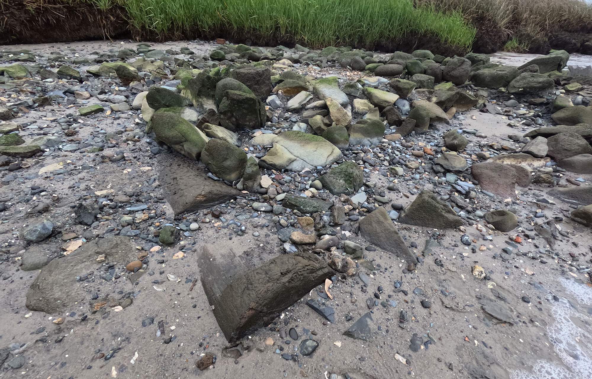 Colonial timber-crib wharf structure eroding out from beneath the coastal marsh in Brunswick Town, North Carolina. One of the shipwreck sites was located immediately next to this site.