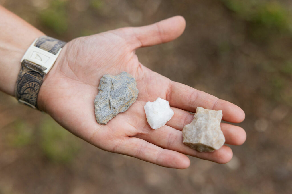 Artifacts uncovered at the Blackburn Vannoy Estate and Farm include (left to right) a rhyolite spearpoint, a quartz spearpoint, and the base of a quartzite spearpoint.