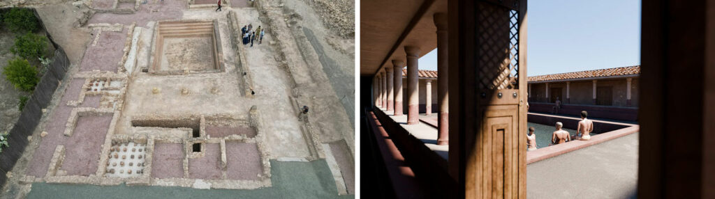 Aerial view (left) and 3D reconstruction (right) of the Eastern Baths, La Alcudia, Spain