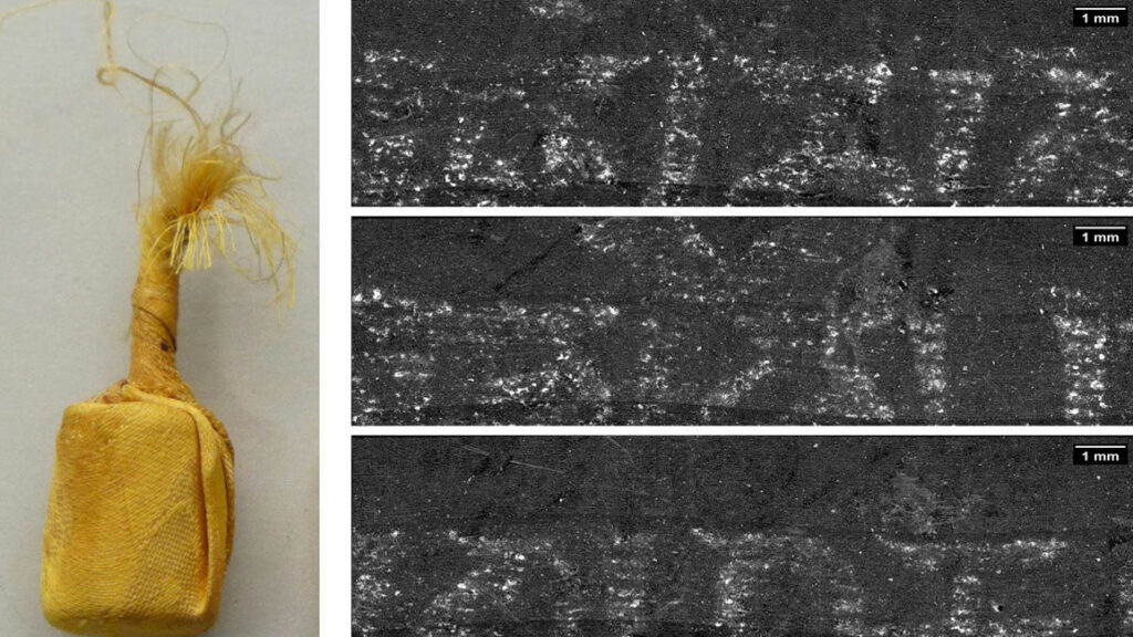 Researchers virtually unrolled a silk-wrapped scroll (left), revealing a strip (right) with the text ‘Om mani padme hum.’