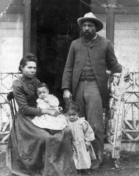 Black and white portrait of John Ware with wife Mildred and children Robert and Nettie in southern Alberta, ca. 1896