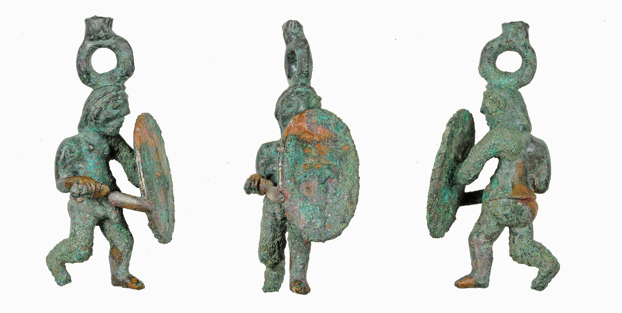 Three views of bronze Celtic warrior figurine