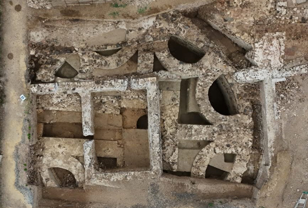 Aerial view of excavated Roman mausoleum, Saint-Roman-en-Gal, France