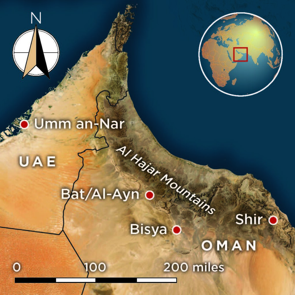 Map of Oman showing Al Hajar Mountains and sites in the Bat Oasis