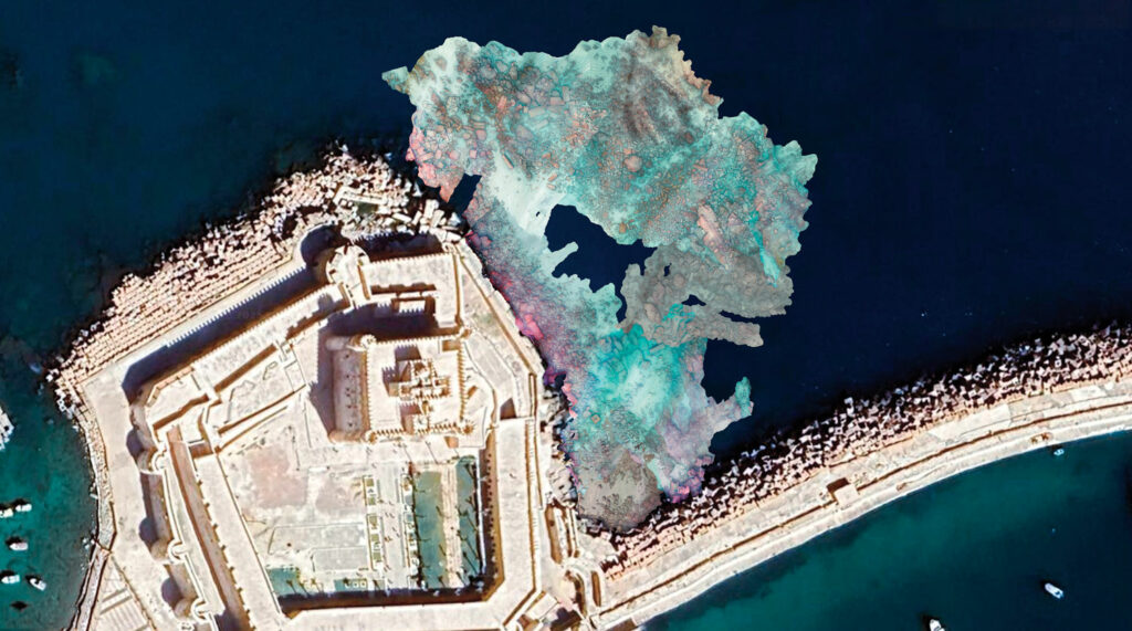 Aerial photo showing a fifteenth-century citadel on the island of Pharos and a digital image of the underwater remnants of the monument