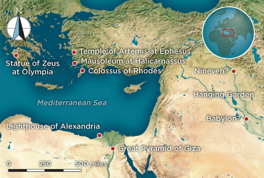 Map showing locations or purported locations of the Seven Wonders of the Ancient World throughout the Mediterranean and Ancient Near East