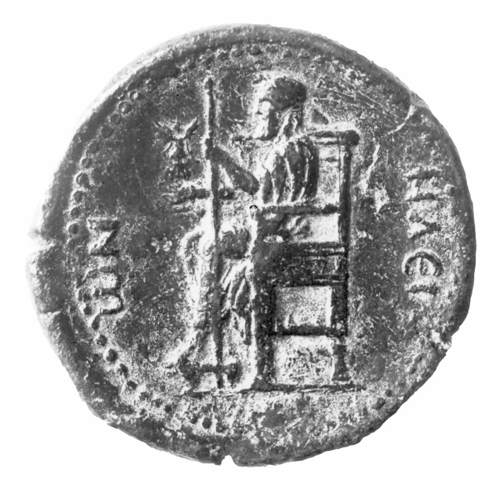 Coin showing statue from the Temple of Zeus at Olympia