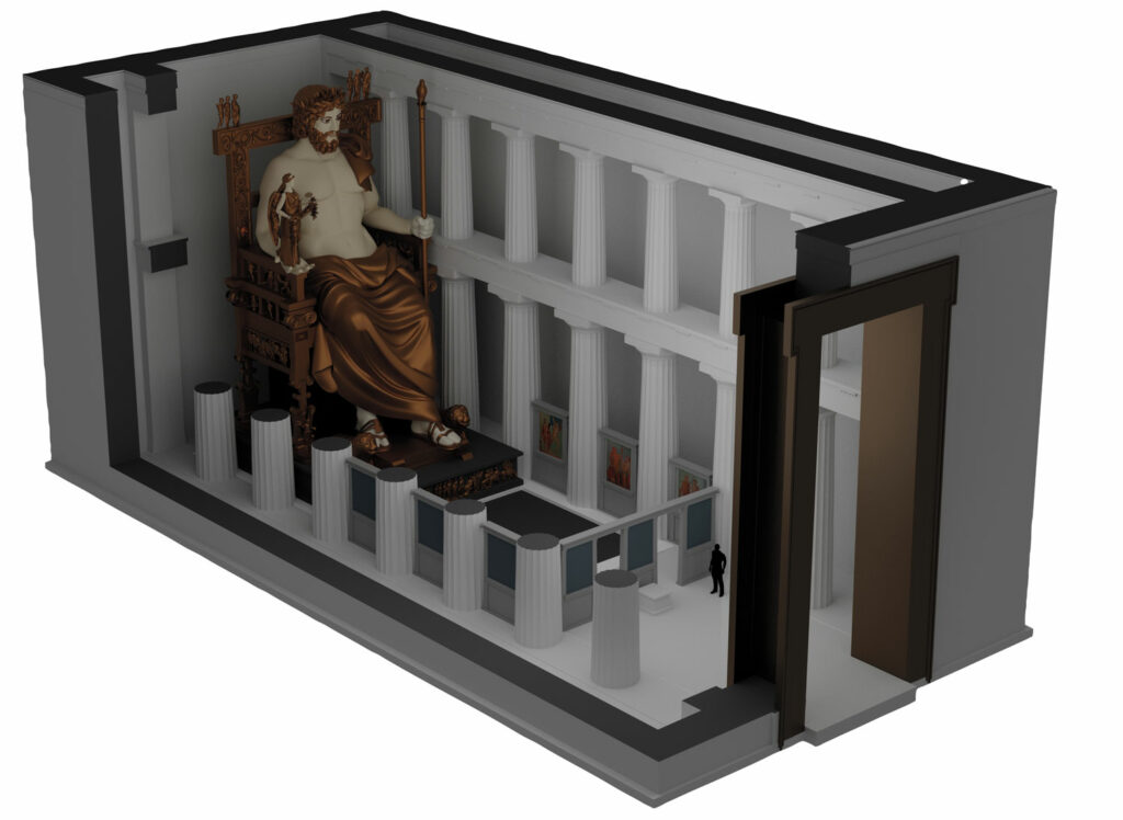 Model showing interior of the Temple of Zeus at Olympia, showing statue, pool, and parapet walls