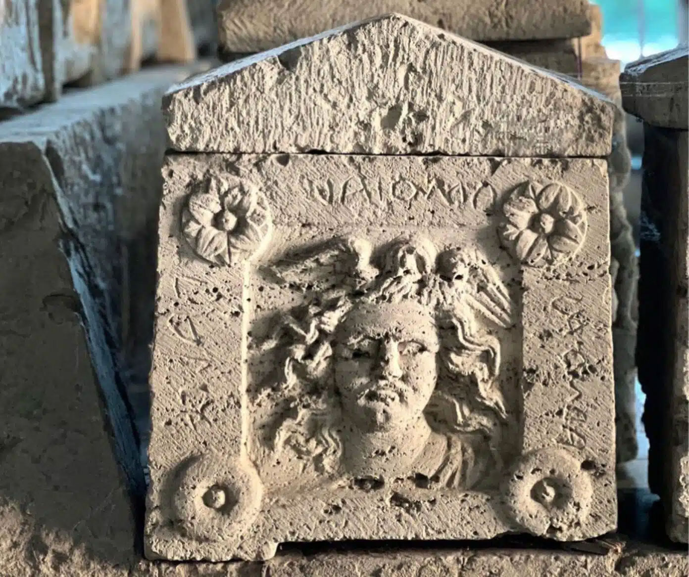 Etruscan urn carved with head of Medusa, Perugia, Italy
