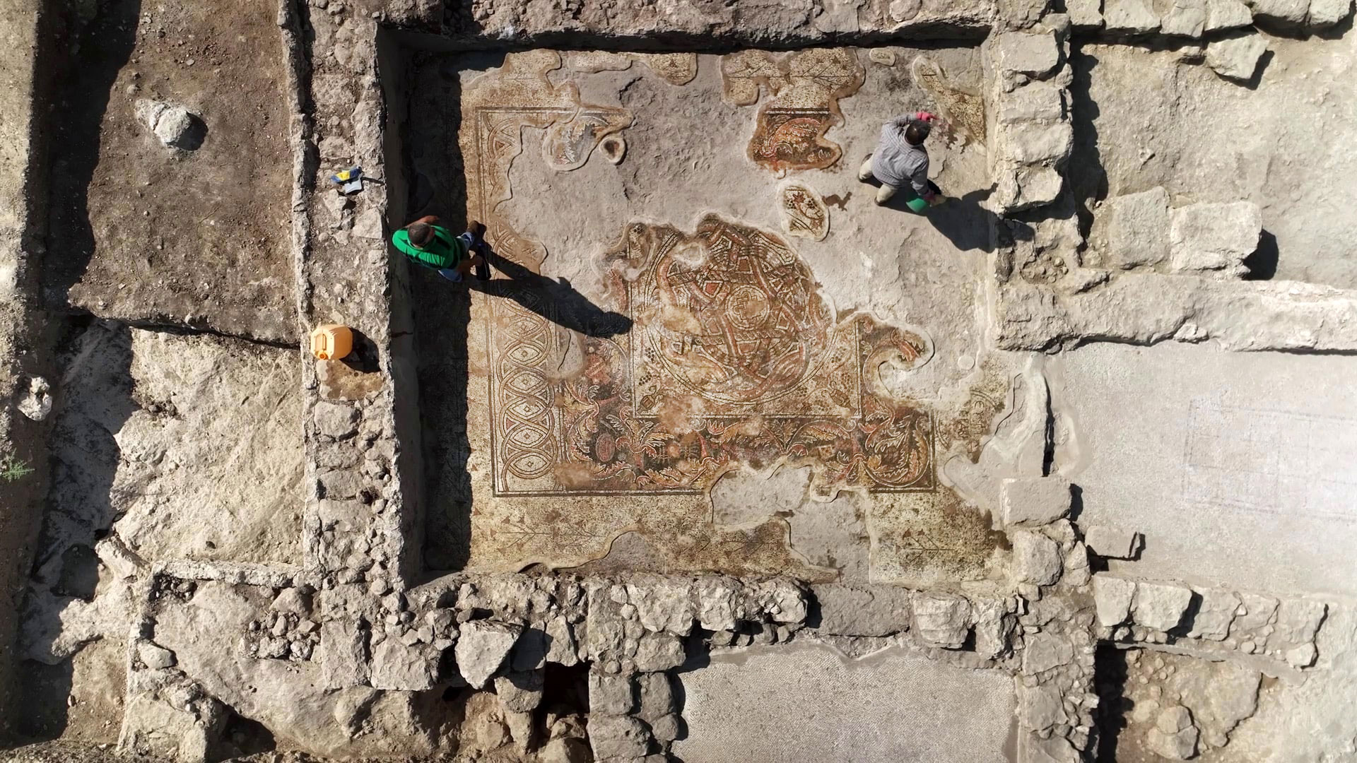 Aerial view of a mosaic in a structure at Kafr Qasim, Israel