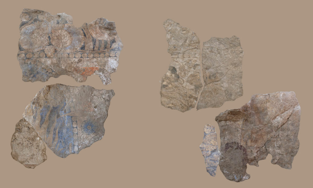 Reconstructed placement of painting fragments from the fire worship scene found in the Sanjar-Shah Royal Palace