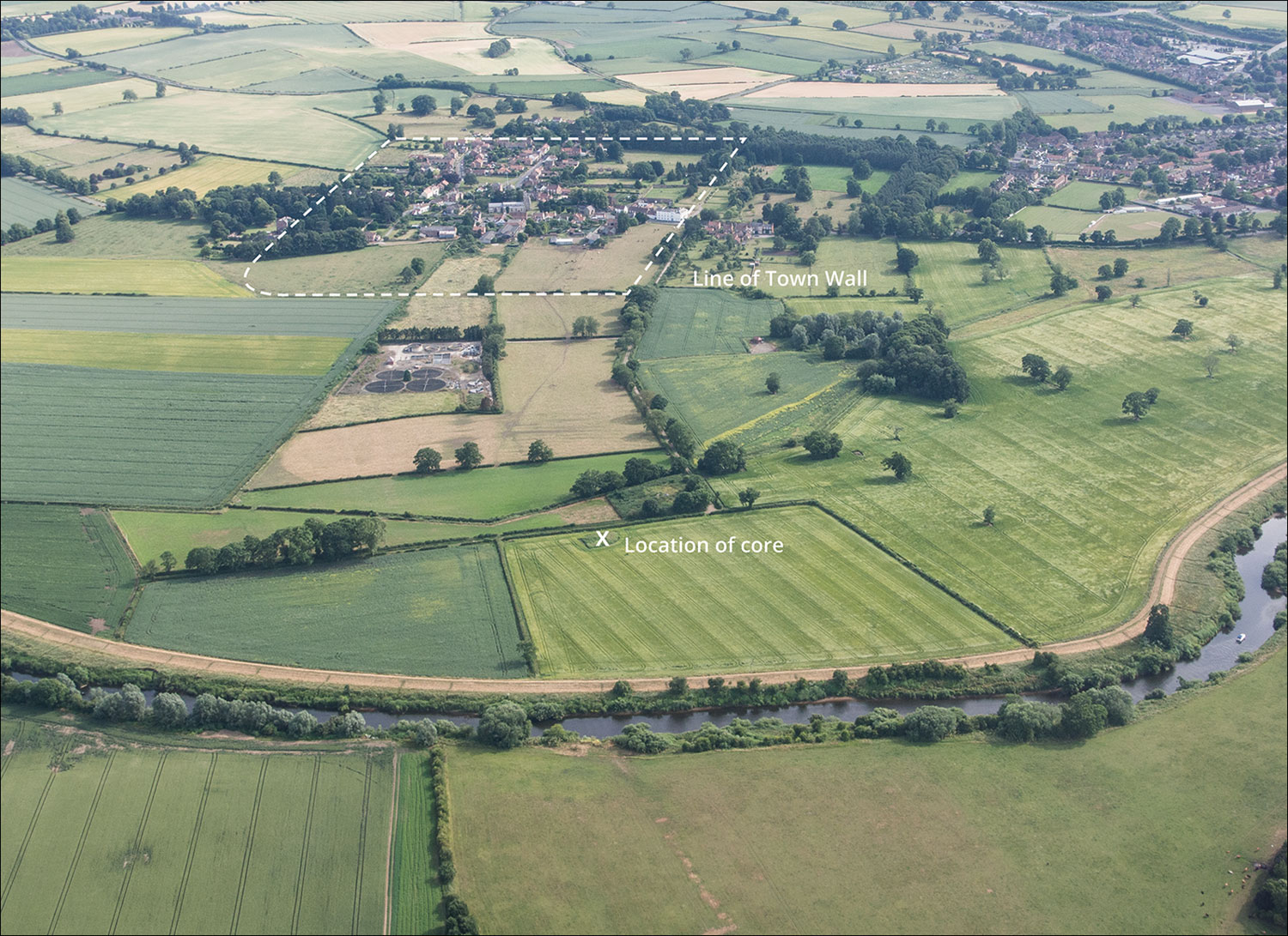 Aerial photograph of Aldborough, England, showing the extent of the walled town and the location of the sediment core