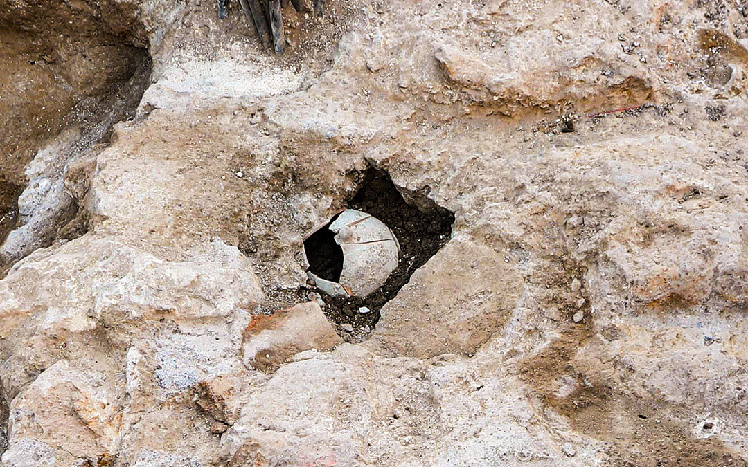 Terracotta vase with medal cache uncovered in Piazza Venezia, Rome, Italy