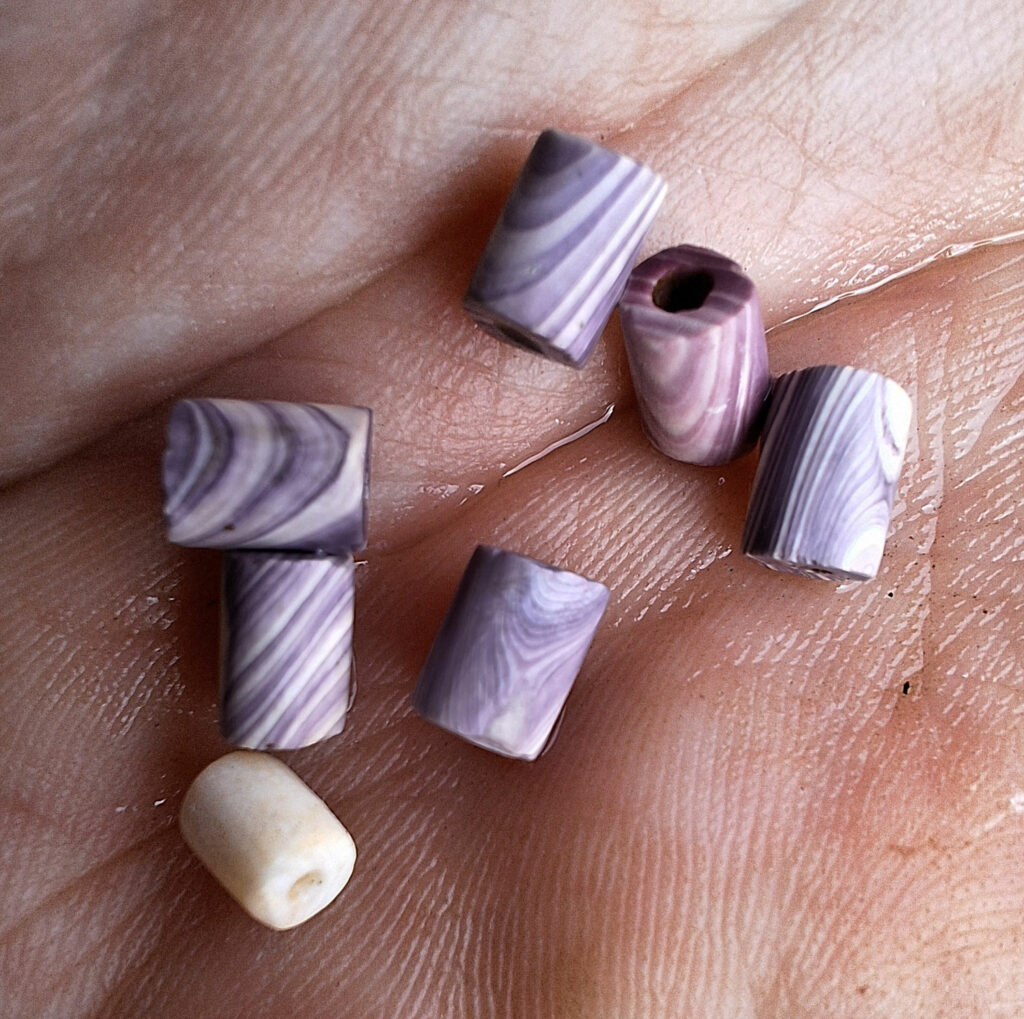 Purple, pink, and white wampum beads, some with white striations