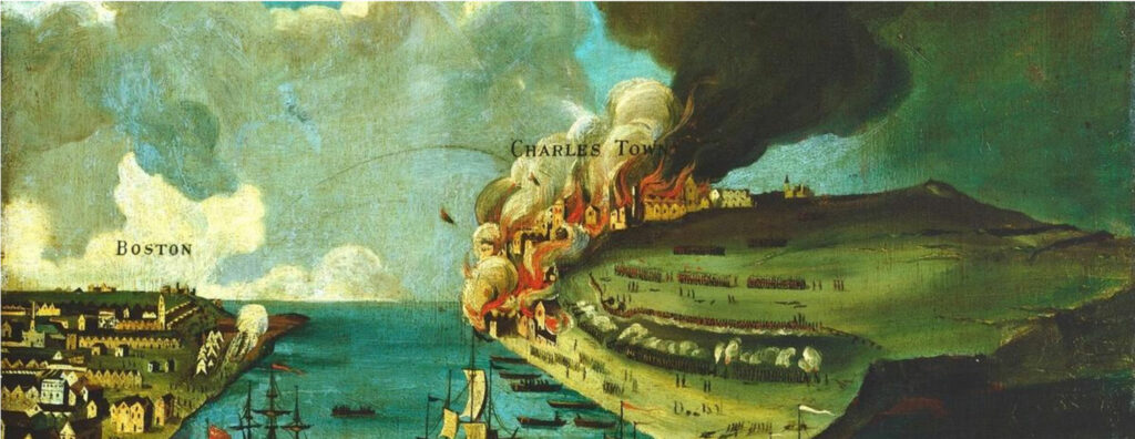 Detail of the painting "View of the attack on Bunker's Hill, with the burning of Charles Town, June 17, 1775," by an unknown artist ca. 1783