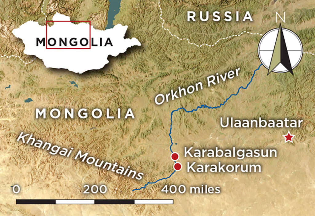 Map of Mongolia showing Ulaanbaatar, Karabalgasun, and Karakorum