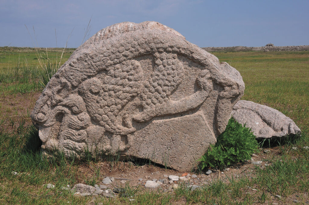 A carved stone inscribed in three languages in Karabalgasun, Mongolia