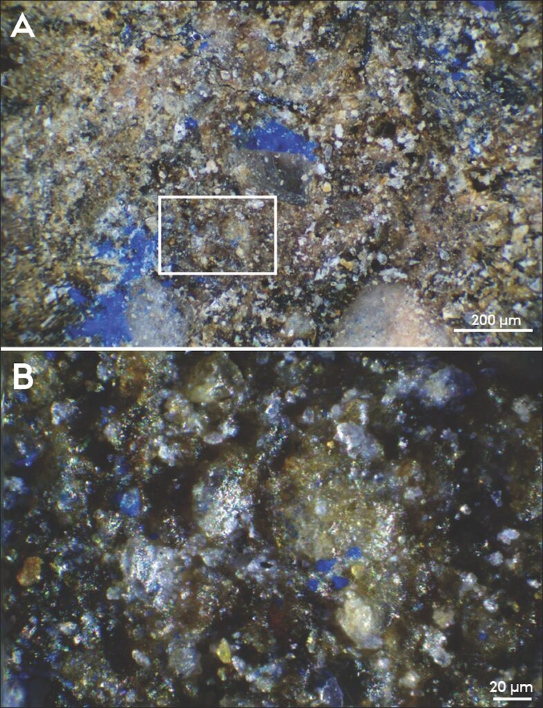 A. Microscopic image of nano-sized specks of blue residue, directly adjacent to visible concentrations; B. shows the area in the white rectangle under greater magnification
