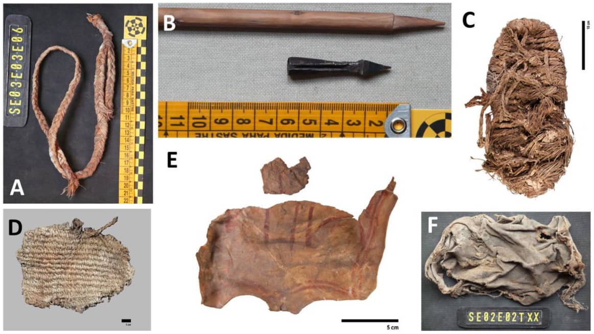 Artifacts found in bearded vulture nests include (clockwise from top left) part of an esparto sling, a crossbow bolt, footwear made of grass and twigs, a fabric fragment, a piece of sheepskin with painted red lines, and a basket fragment.