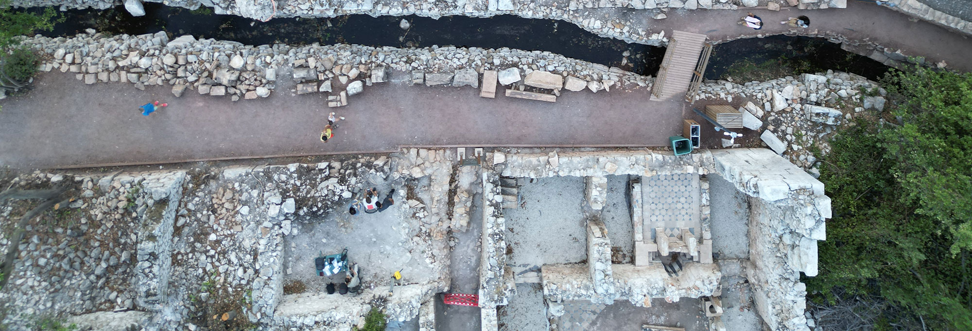Aerial view of Byzantine bathhouse excavation, Olympos, Turkey