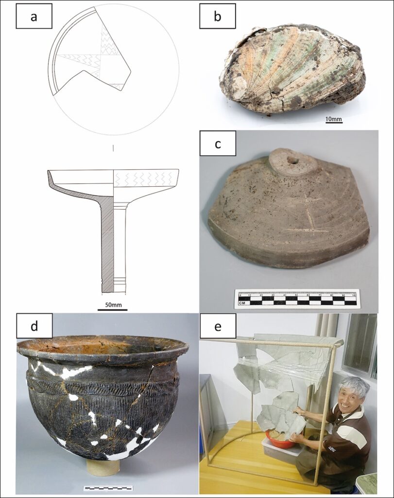 Warring States–period material from Qianzhongzitou includes (a) a ceramic fragment with incised zigzag decorations; (b) an abalone shell; (c) a plate with ‘tu’ inscription; (d) a ceramic basin; and (e) a large steamer.