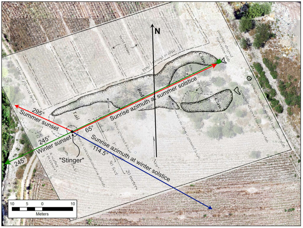 Drone photo and overlaid outline of the Scorpion Mound showing the paths the sun likely took on the summer and winter solstices