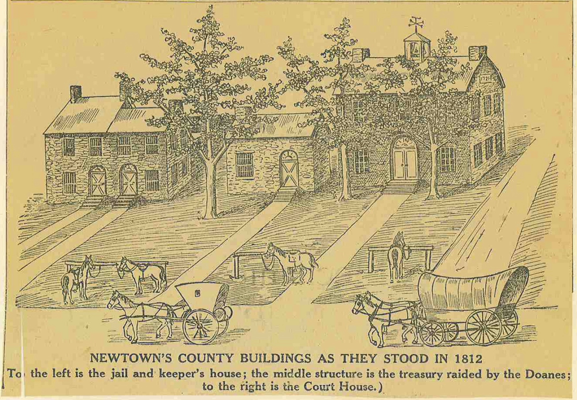 Illustration of county buildings in Newtown, Pennsylvania, as they looked in 1812