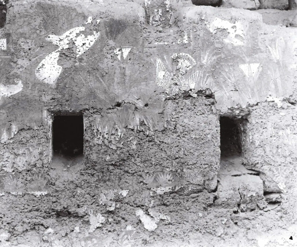 Black and white archival image of wall paintings in the Green Room just after excavation in Amarna, Egypt