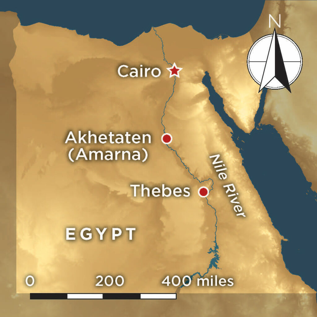 Map of Egypt with points for Cairo, Amarna, and Thebes