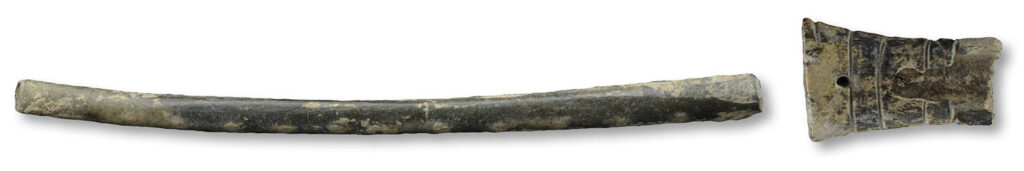A bird-bone tube (left) and spatula (right), both used to ingest snuff